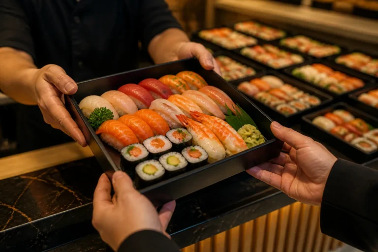 bij een moderne afhaalbalie wordt een luxe sushi box met kleurrijke nigiri en maki verleidelijk overhandigd