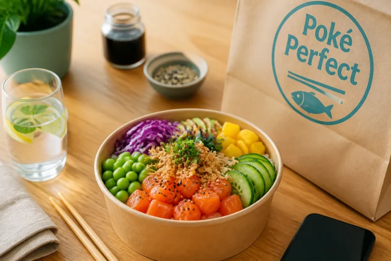 kleurrijke poké bowl op houten tafel naast bezorgtas terwijl hand op smartphone bestelling bevestigt