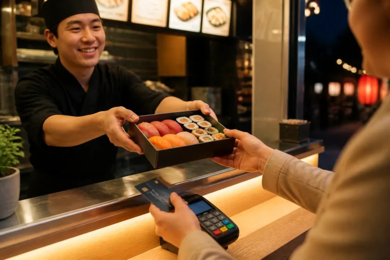 medewerker aan afhaalbalie die een kleurrijke sushi box met nigiri en maki overhandigt aan klant met pinpas