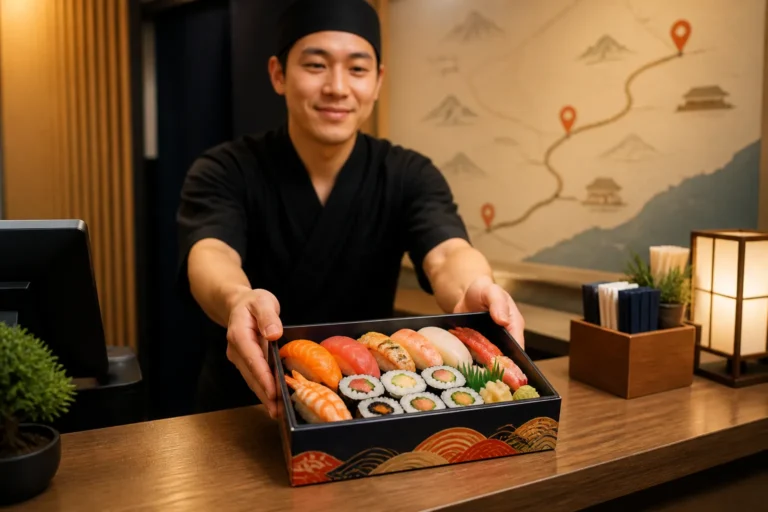 sushi box met kleurrijke nigiri en maki wordt over de afhaalbalie geschoven naast een kleine wandkaart