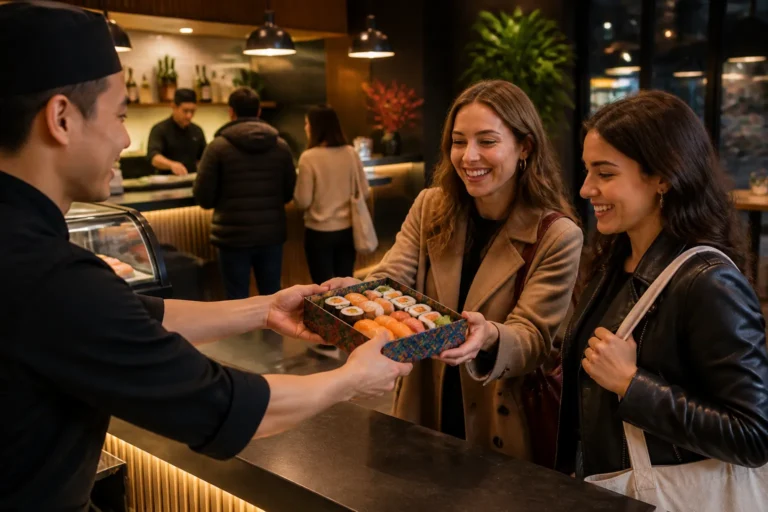medewerker achter afhaalbalie geeft kleurrijke sushi box aan twee vrienden in een gezellige sushibar