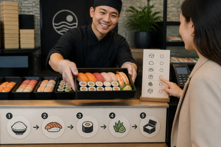medewerker achter afhaalbalie die een kleurrijke sushi box samenstelt terwijl klant meekijkt