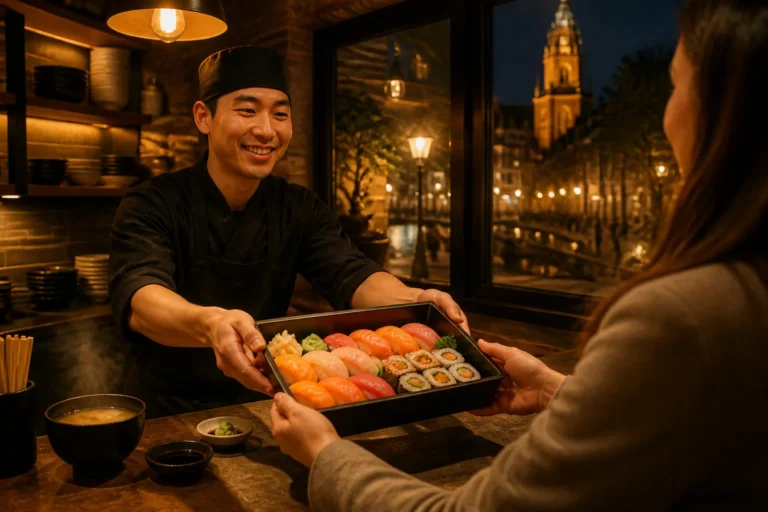 medewerker in sushizaak in leeuwarden overhandigt gevulde sushi box aan klant bij afhaalbalie