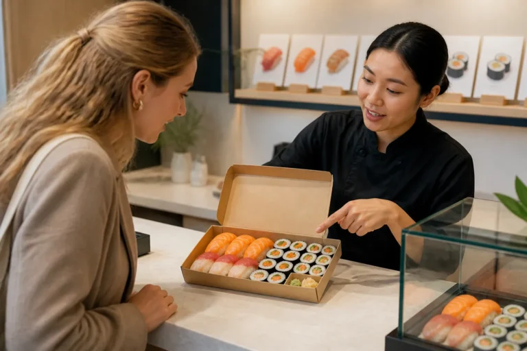 klant bekijkt aan de afhaalbalie een open sushi box terwijl medewerker soorten nigiri en maki aanwijst