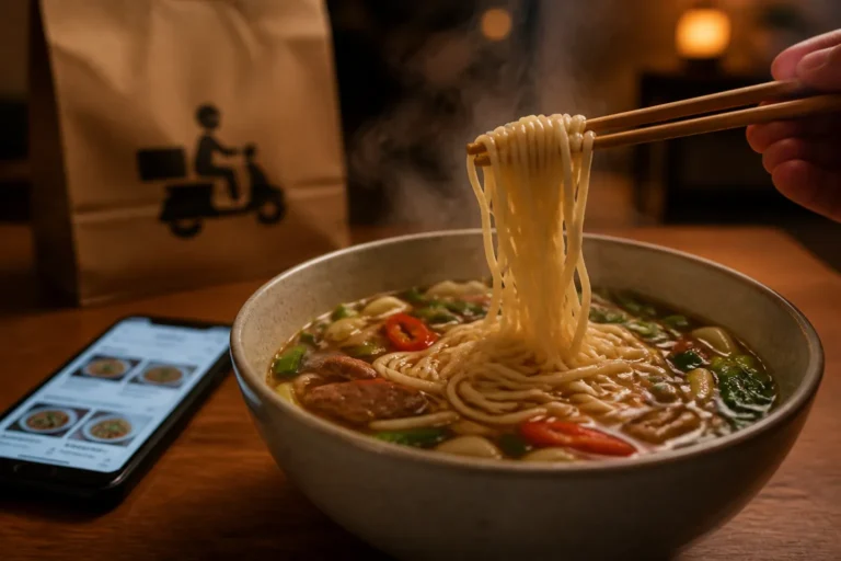 dampende kom noodlesoep met eetstokjes op tafel naast smartphone met bestelpagina