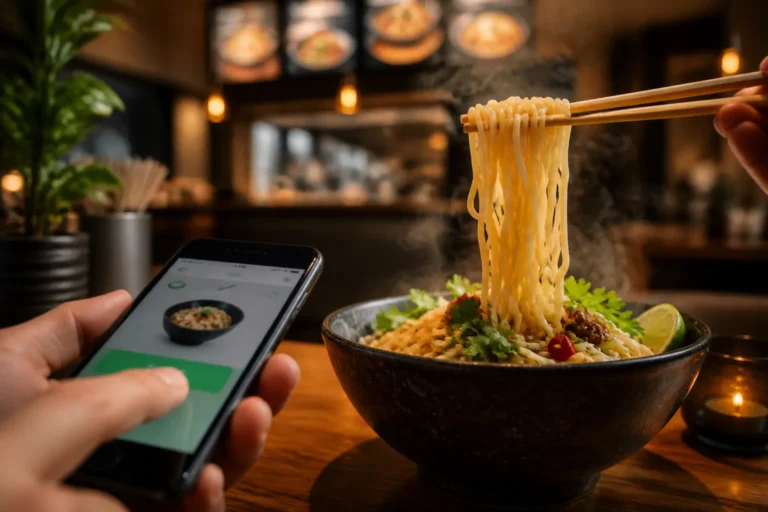 hand bevestigt noodlebestelling op smartphone naast dampende kom noodles met opgepakte slierten