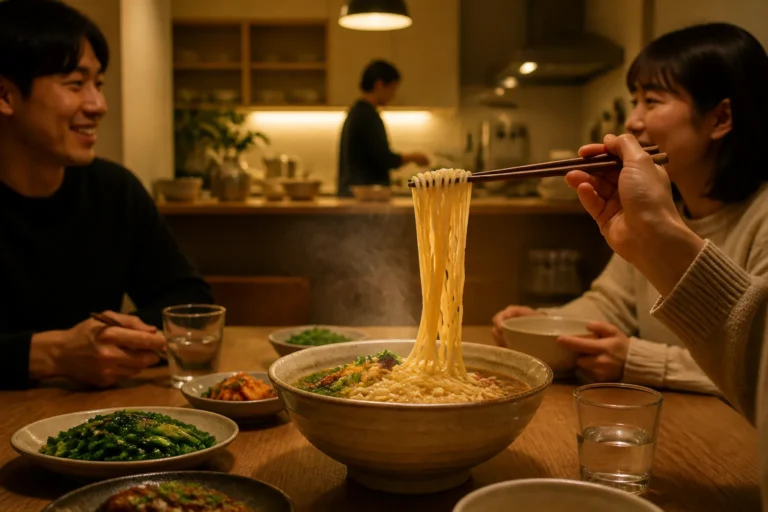 groep mensen aan een eettafel met een dampende kom noodles waarvan eetstokjes een sliert optillen