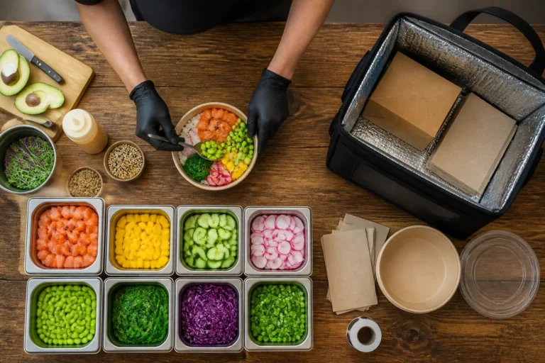 kok vult stap voor stap een kleurrijke poké bowl naast een open bezorgtas op houten tafel