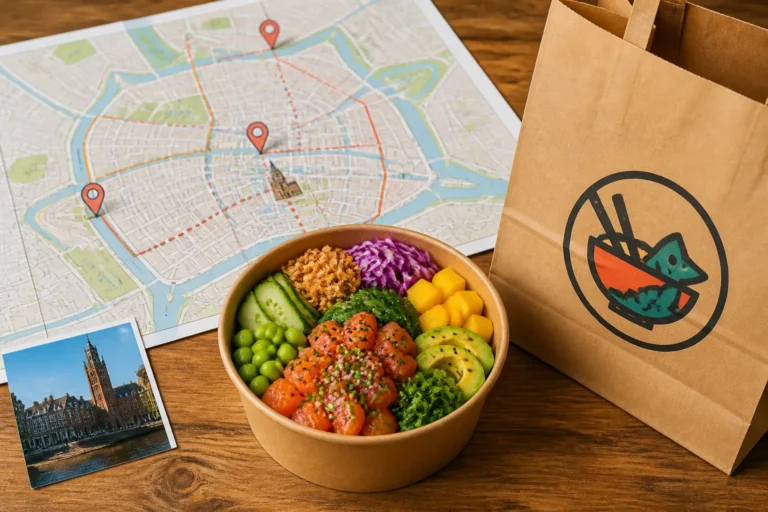 kleurrijke poké bowl op houten tafel naast bezorgtas en stadsplattegrond van leeuwarden