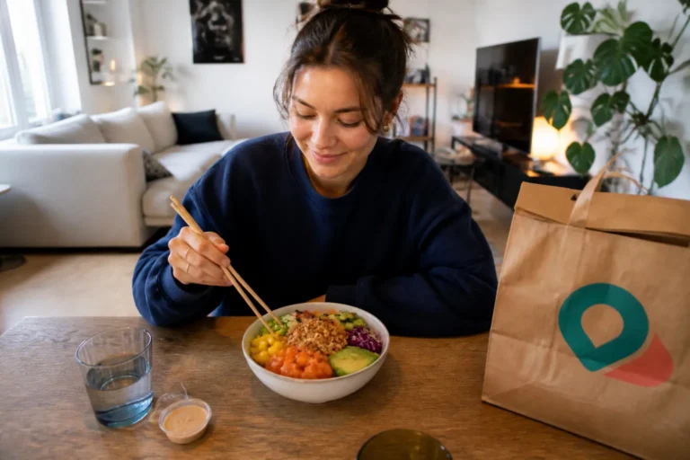 persoon aan houten tafel eet kleurrijke poké bowl naast bezorgtas in huiselijke woonkamer