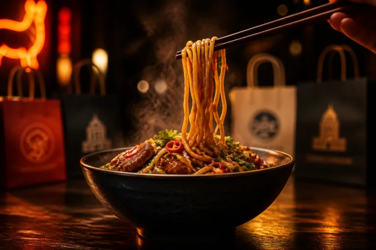 Dampende kom noodles op luxe toonbank met eetstokjes die een sliert noodles optillen