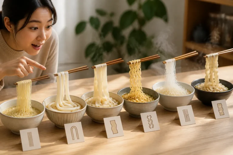 meerdere dampende kommen noodles met verschillende soorten, eetstokjes tillen slierten op terwijl iemand de variaties