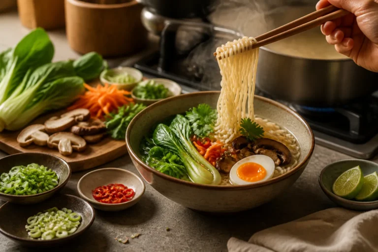 hand tilt met eetstokjes een sliert noodles op boven een dampende kom terwijl de ingrediënten eromheen liggen