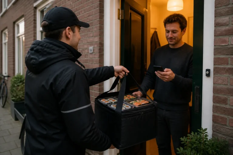 bezorger met zwarte thermotas vol sushi overhandigt bestelling bij Nederlandse voordeur
