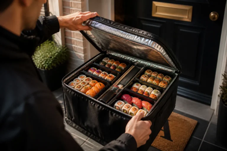 bezorger bij Nederlandse voordeur toont open zwarte thermotas vol luxe sushi boxen