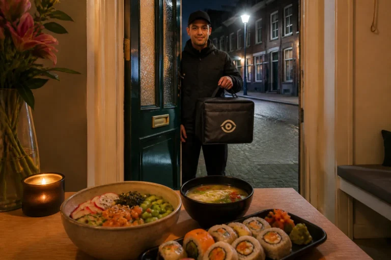 sushi bezorger aan voordeur levert tas af terwijl binnen een tafel vol verse sushi en poké bowls klaarstaat