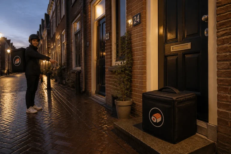 bezorger wijst naar zwarte thermotas met sushi bij Nederlandse voordeur als herkenbaar oriëntatiepunt