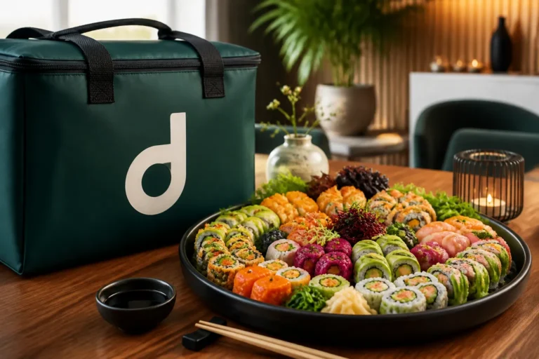 doozo-bezorgtas naast kleurrijke vegetarische sushi op houten tafel in stijlvol interieur