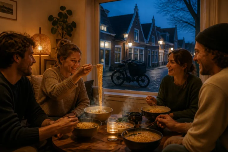 groep mensen aan tafel in een Friese woonkamer, iemand tilt een sliert noodles op met eetstokjes