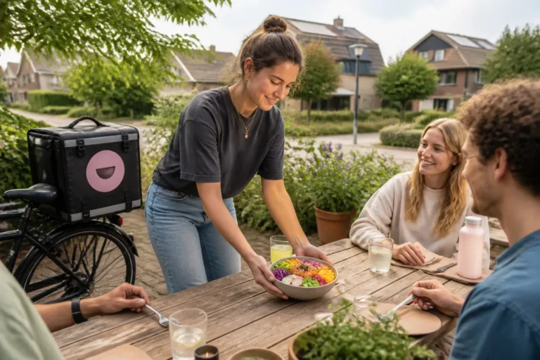 groep vrienden eet kleurrijke poké bowls aan houten tuintafel naast bezorgtas in buitenwijk