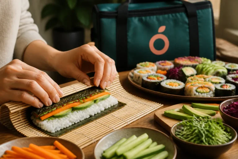 persoon rolt vegetarische sushi op een houten tafel met doozo-bezorgtas en schaal sushi op de achtergrond