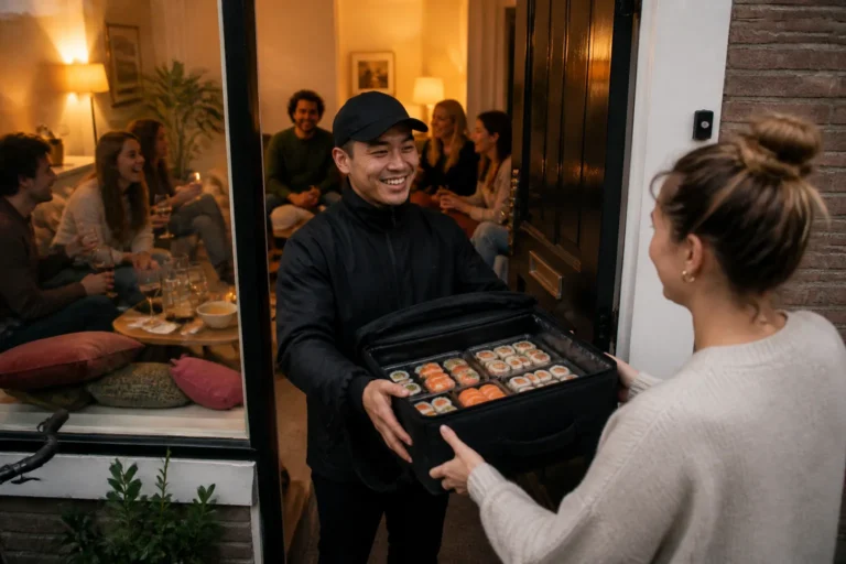 sushi-bezorger met zwarte thermotas bij Nederlandse voordeur, binnen zitten vrienden klaar voor een borrel