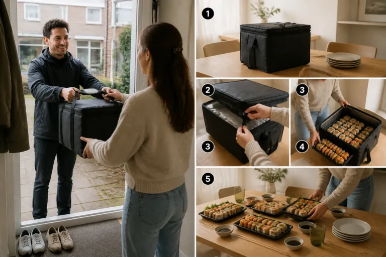 bezorger aan Nederlandse voordeur terwijl bewoner de zwarte thermotas met sushi opent