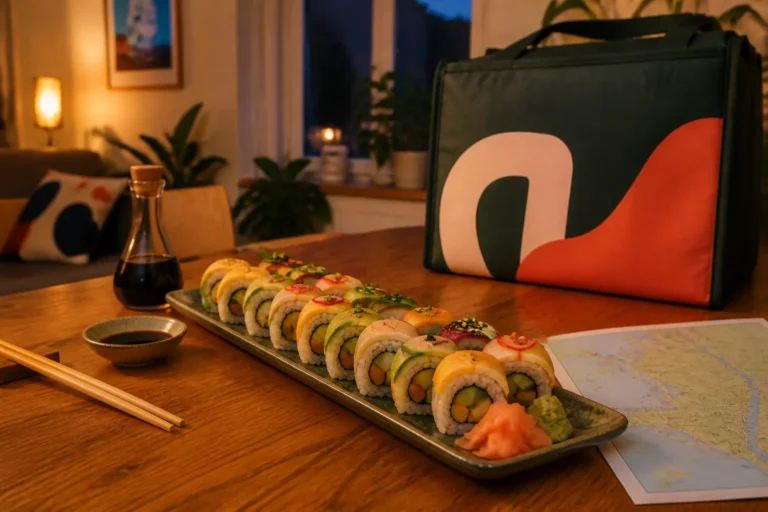 houten tafel met kleurrijke vegetarische sushi en een doozo-bezorgtas in een woning in leeuwarden