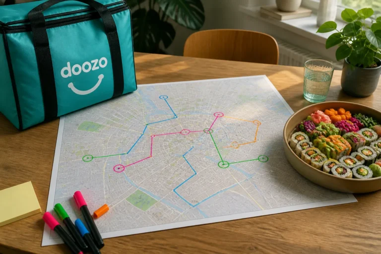 doozo-bezorgtas en schaal vegetarische sushi naast een stadsplattegrond op houten tafel