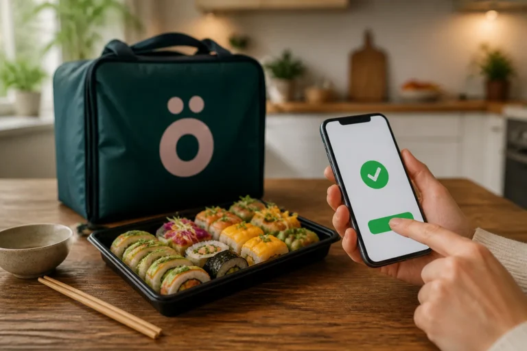 hand met smartphone die bestelling bevestigt naast doozo-bezorgtas en schaal vegetarische sushi op houten tafel