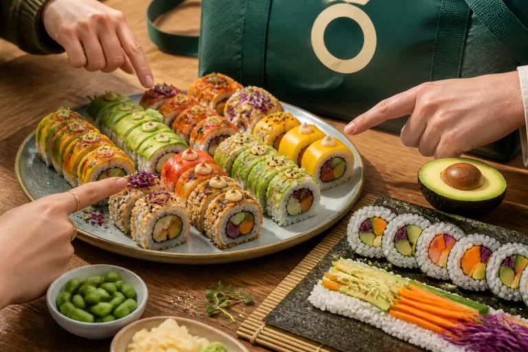 handen die verschillende stukken kleurrijke vegetarische sushi naast een doozo-bezorgtas op houten tafel bestuderen