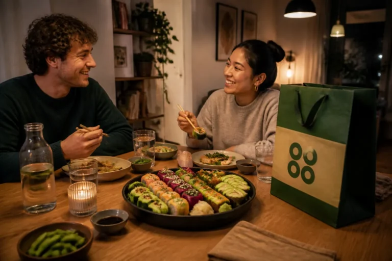 vrienden die aan een houten tafel vegetarische sushi eten naast een doozo-bezorgtas