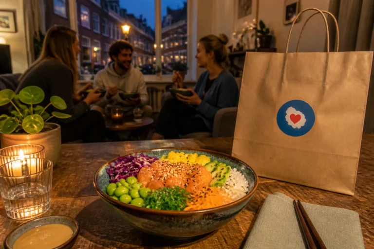 kleurrijke poké bowl op houten tafel naast bezorgtas in woonkamer met etende vrienden
