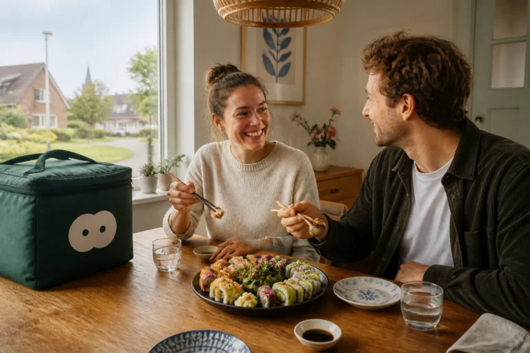 doozo-bezorgtas naast kleurrijke vegetarische sushi op houten tafel in Fries interieur met etende mensen