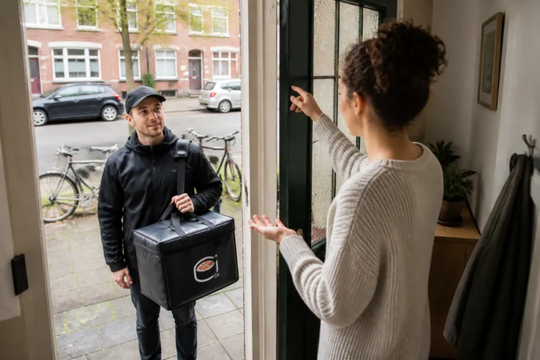 bezorger met zwarte thermotas vol sushi overlegt bij voordeur met bewoner in Nederlandse woonstraat