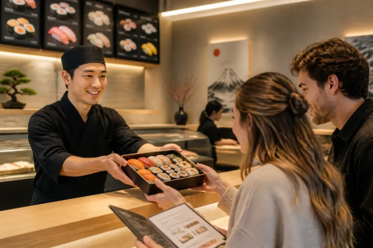medewerker achter afhaalbalie reikt sushi box vol nigiri en maki aan twee gasten die het sushimenu bestuderen